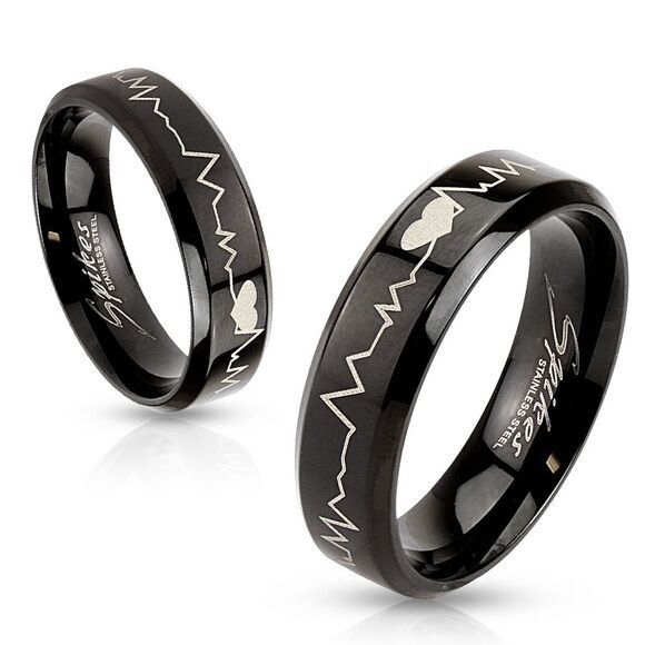 Heartbeat Laser Etched Stainless Steel Black IP Band‎ Ring Size 5 - Picture 1 of 1